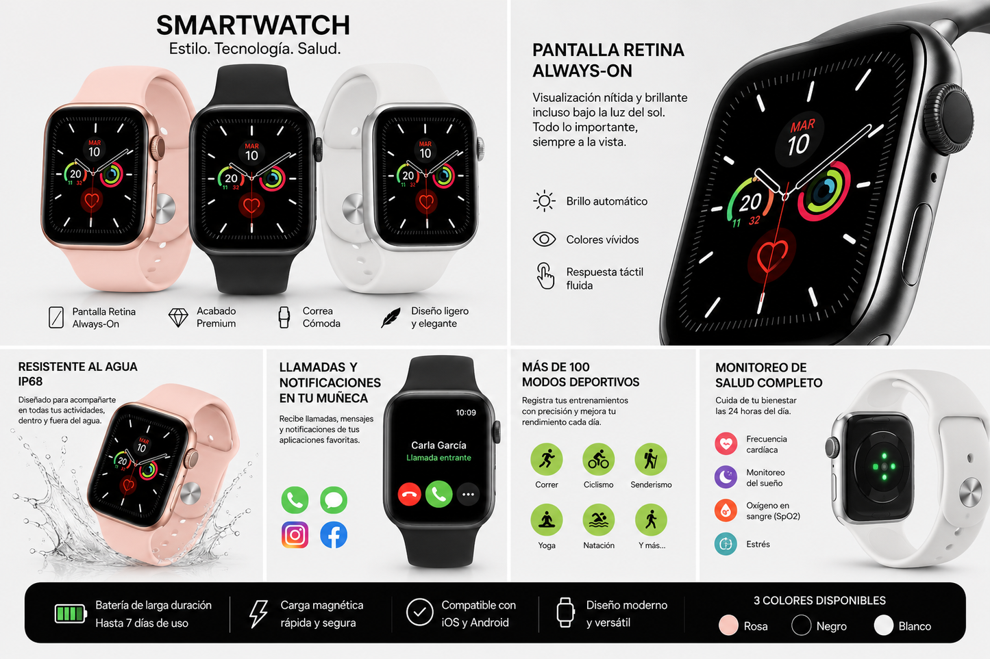 RELOJ INTELIGENTE SMARTWATCH T500 DOBLE